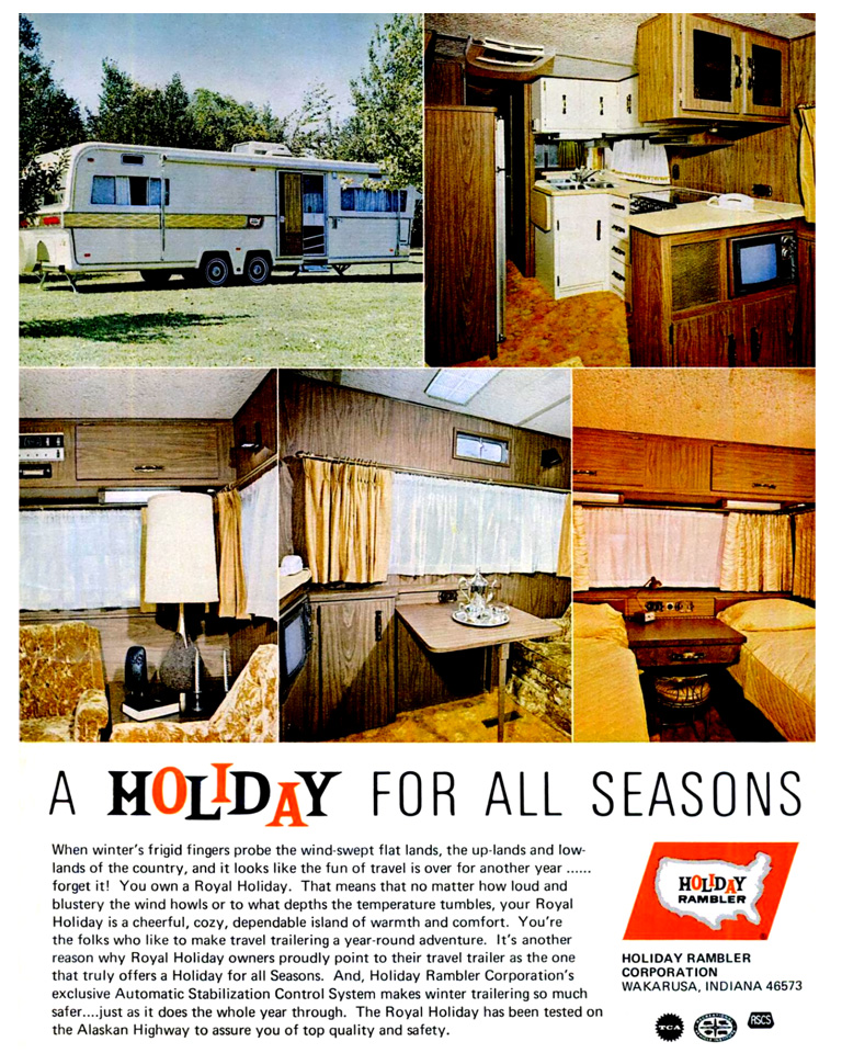Collage showing a travel trailer exterior, a kitchen, a dining area, and a bedroom, with the slogan 'A Holiday for All Seasons' and the Holiday Rambler logo.