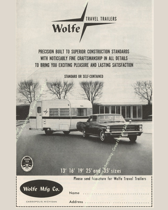 Vintage Wolfe Travel Trailers advertisement showing a white travel trailer hitched to a dark classic car in front of a showroom; Wolfe Travel Trailers logo at top, and a fill‑in form at bottom for name and address with sizes listed (13', 16', 19', 25', 35').