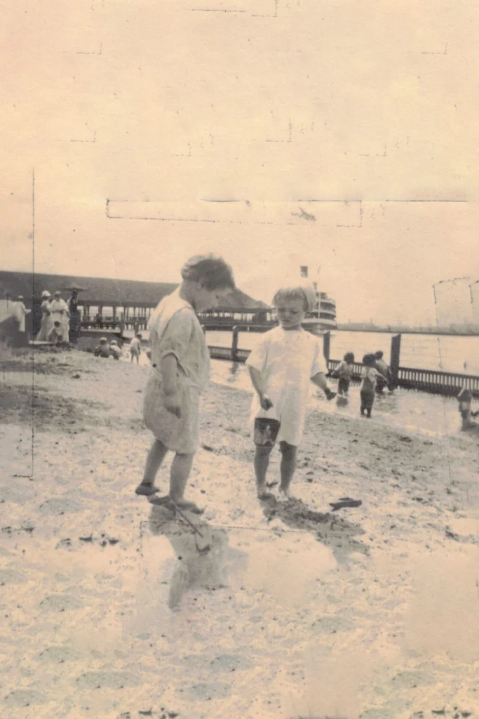 Two children stand on a sandy beach near shallow water, with a pier and people in the background.