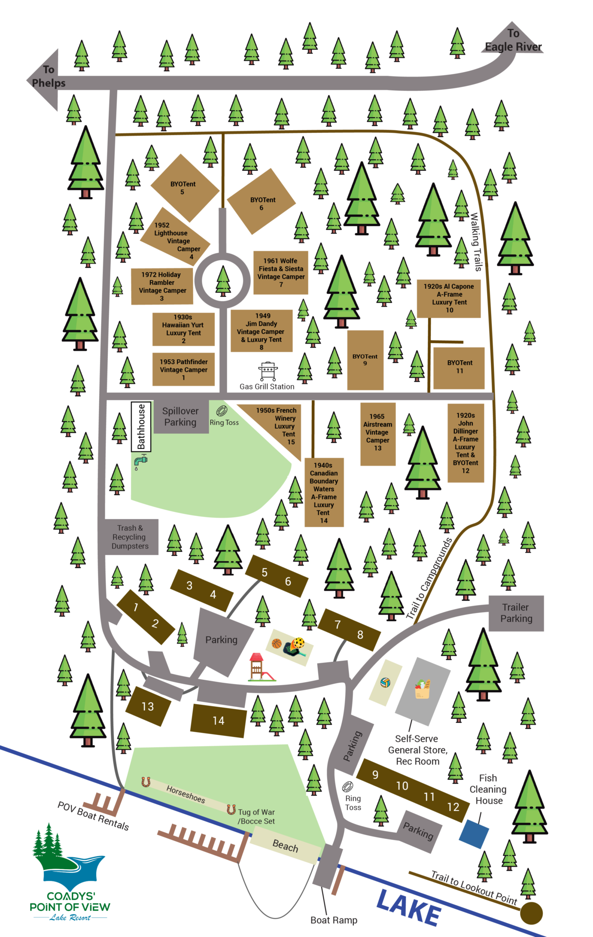 Bird's-eye map of a campground showing numbered tent sites, BYOTents, buildings, roads, a lake with a beach, parking areas, and clusters of trees along a horsehoe-shaped trail system.