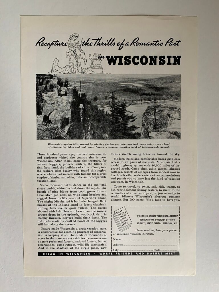 Vintage Wisconsin travel ad page with a cliff overlook photo and dense text blocks inviting a vacation in Wisconsin.