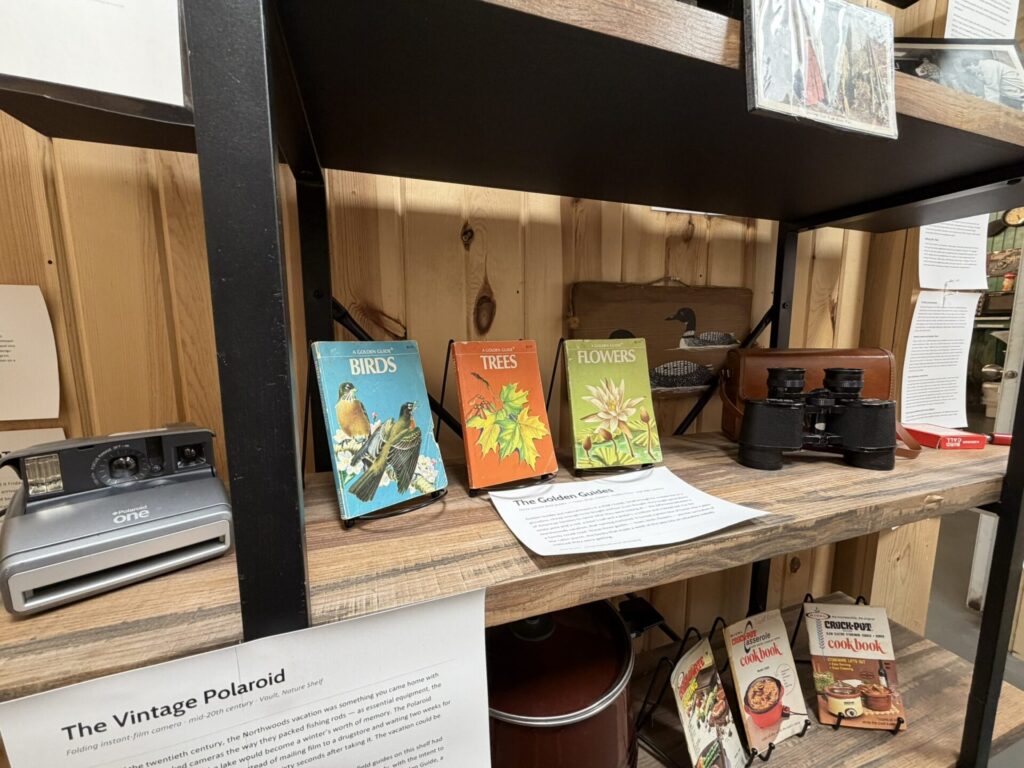 Row of vintage Golden Guide nature books (Birds, Trees, Flowers) on a wooden shelf with a camera and other display items nearby.